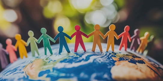 Bunte Papierfiguren auf einem Globus